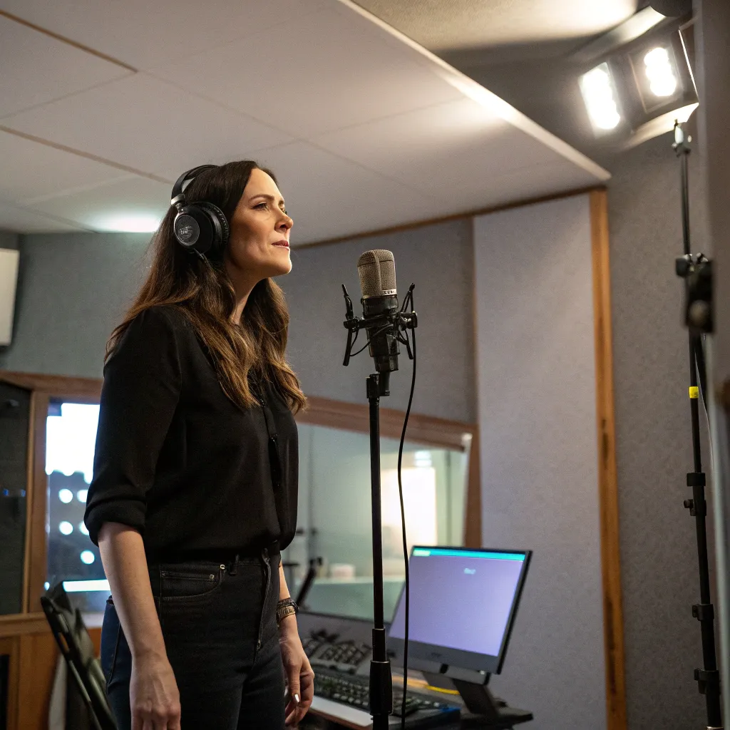 Sarah recording vocals in the studio